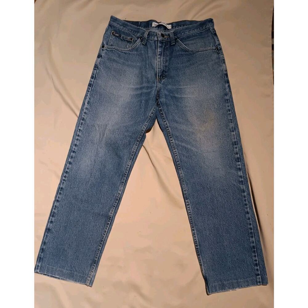 Lee Jeans Mens 33x32 Blue Straight Leg Regular Fit Distressed Denim